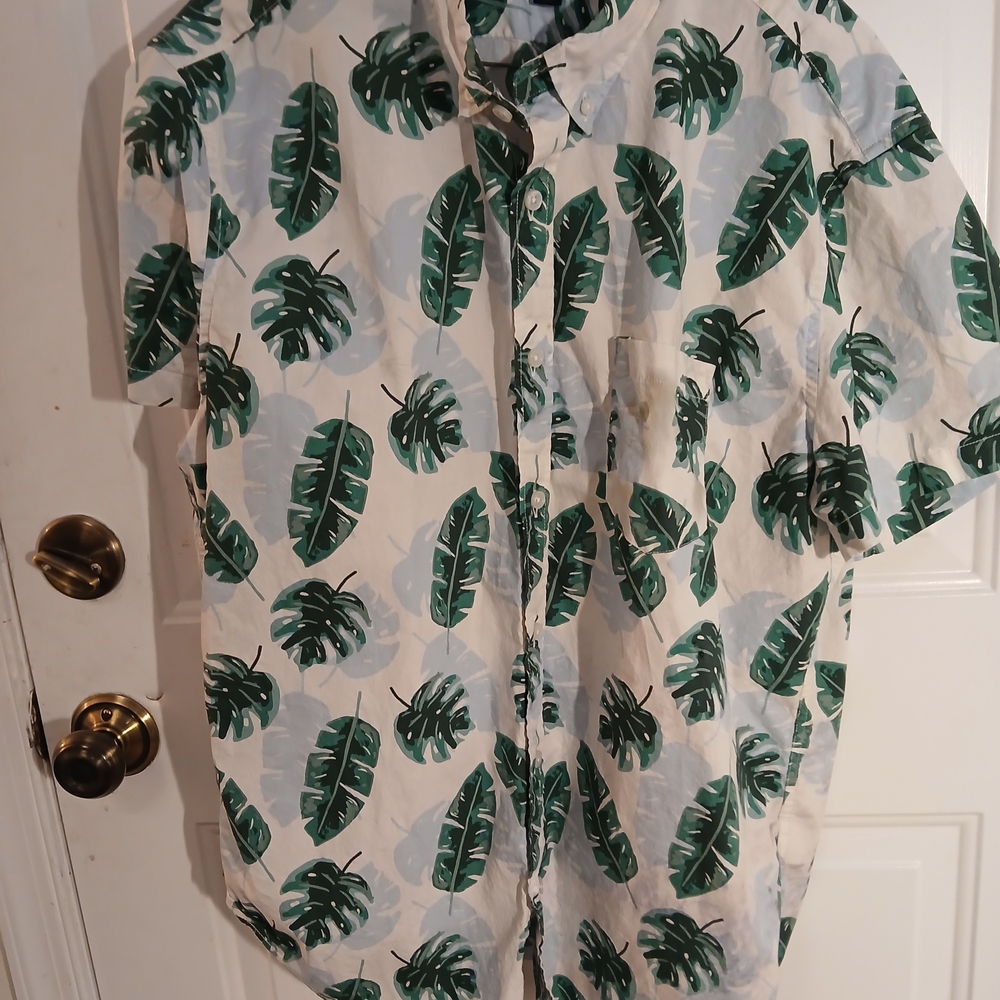 J. Crew White Short-Sleeve Button-Down with Green Leaf Print